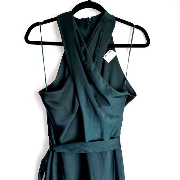 NWT Taylor Halter Neck Midi Dress Green Cross Satin Sleeveless Fit Flare Mermaid - Picture 4 of 11